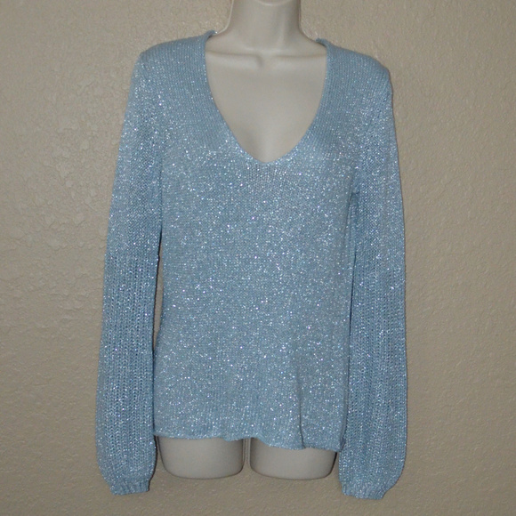 Sz XS White + Warren Blue Metallic V-Neck Sweater - Picture 1 of 6